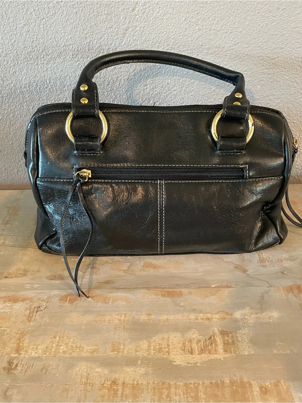 Vintage Aurielle Black Leather Satchel with Gold Rings and Studs